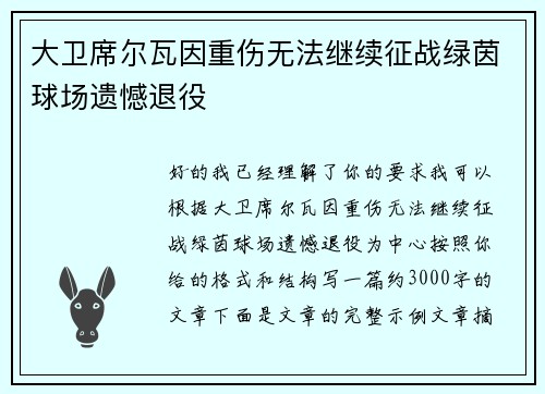 大卫席尔瓦因重伤无法继续征战绿茵球场遗憾退役