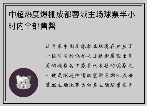 中超热度爆棚成都蓉城主场球票半小时内全部售罄
